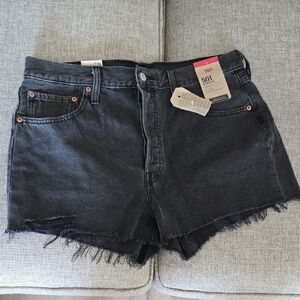 501 Levi's Black Washed Denim Cutoff Shorts Frayed High Rise